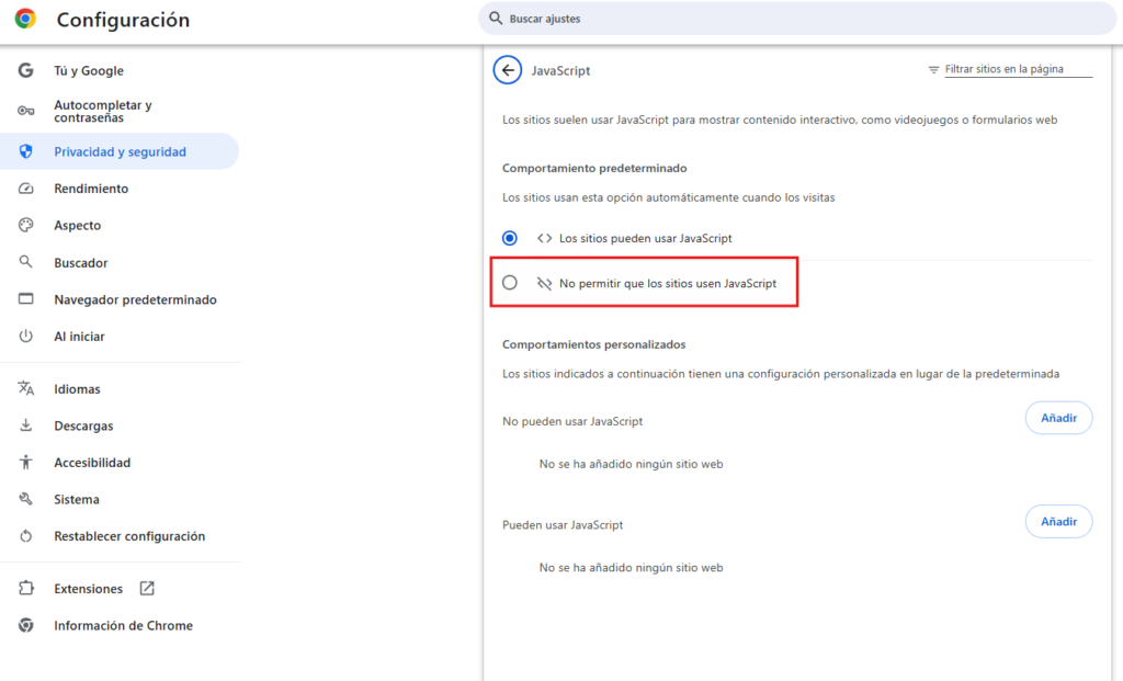 Desactivar uso de javascript en el navegador web