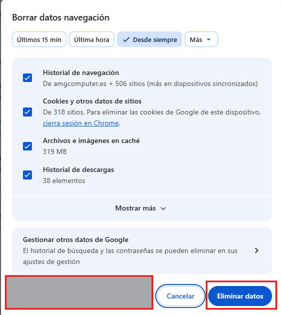 Borrar datos de navegación en el navegador Google Chrome