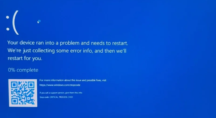 Pantalla azul de Windows con código de error visible