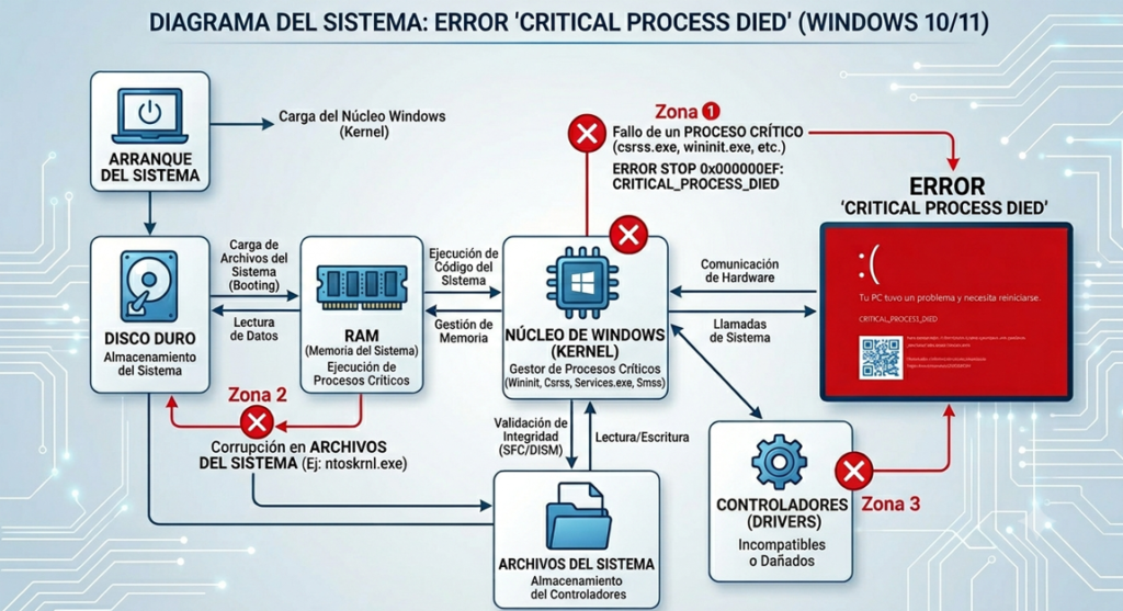 diagrama del sistema cuando se produce el Error critical process died