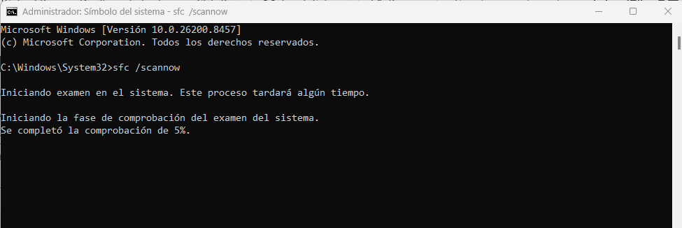 Símbolo del sistema ejecutando SFC