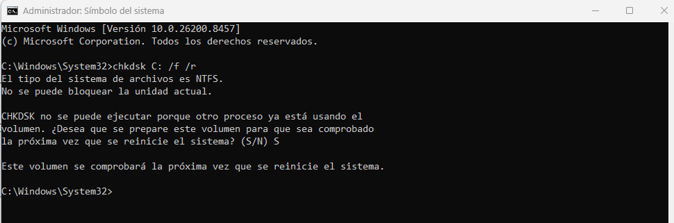 programar comprobación del disco duro en el procimo reinicio desde CMD