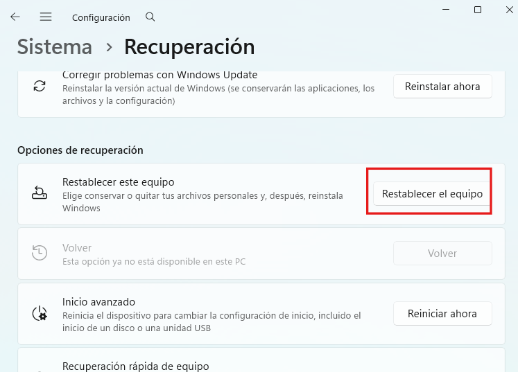 Como reestablecer el equipo
