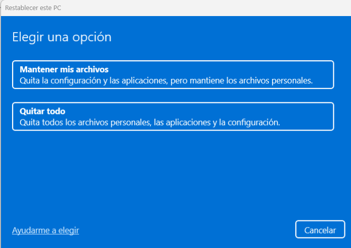 Opción de restablecer Windows manteniendo los archivos