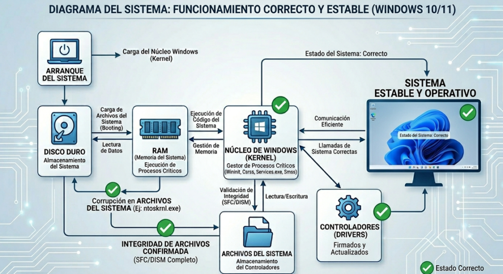 Diagrama de un PC iniciando el sistema operativo correctamente sin ningún fallo de inicio