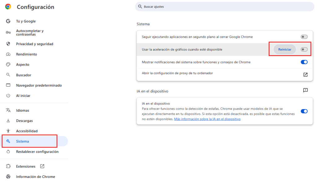 Desactivar aceleración hardware en Chrome