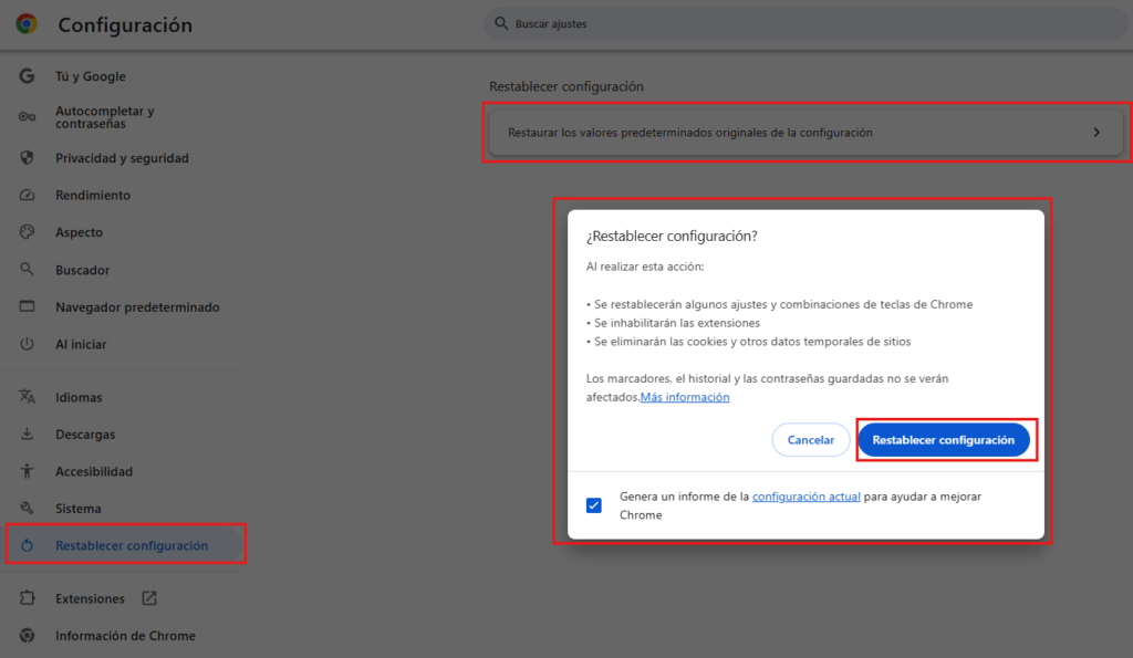 Restablecer configuración predeterminada de Google Chrome