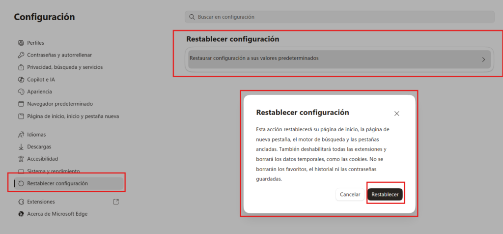 Restablecer configuración predeterminada de Microsoft Edge