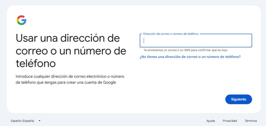 Indicar que no posees dirección de correo para crear una nueva