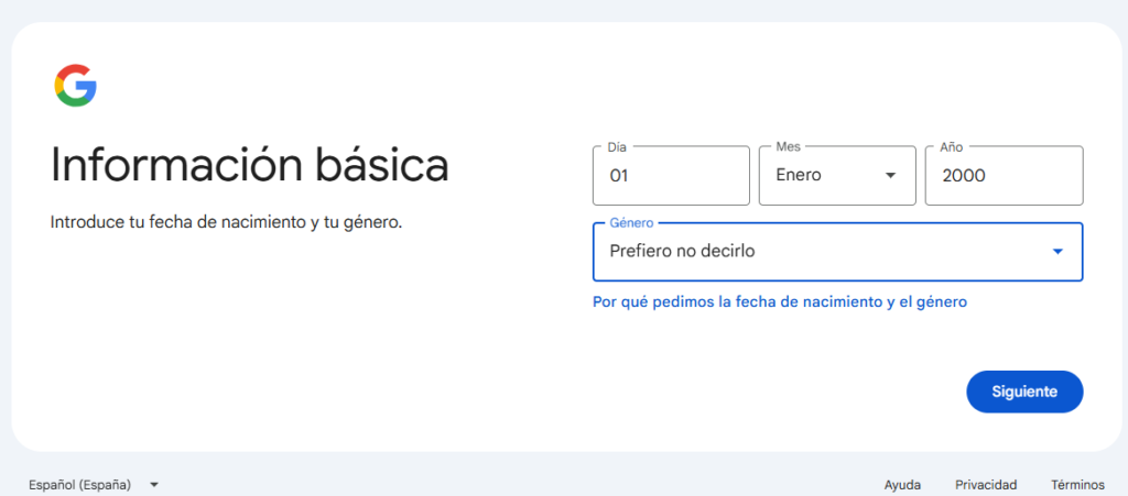 Formulario de fecha de nacimiento para crear una cuenta gmail